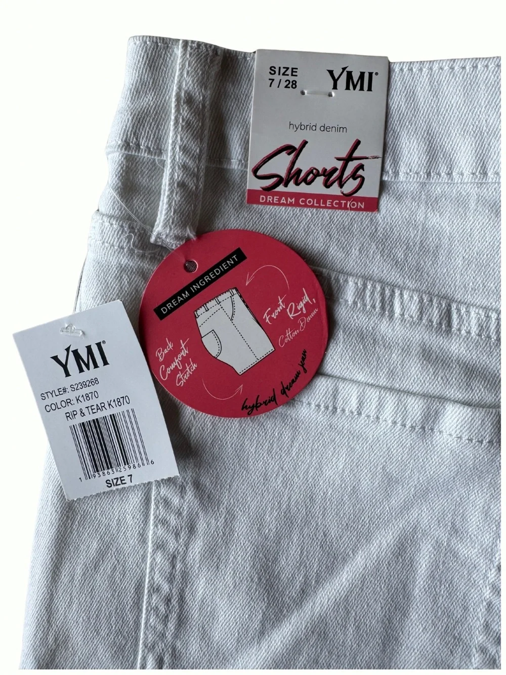 YMI Dream Collection White Cotton Frayed Hybrid Denim Shorts 7 juniors stretch